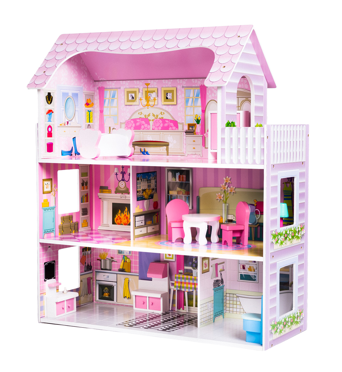 Modern 3 storey Dolls House complete with 9 items of furniture