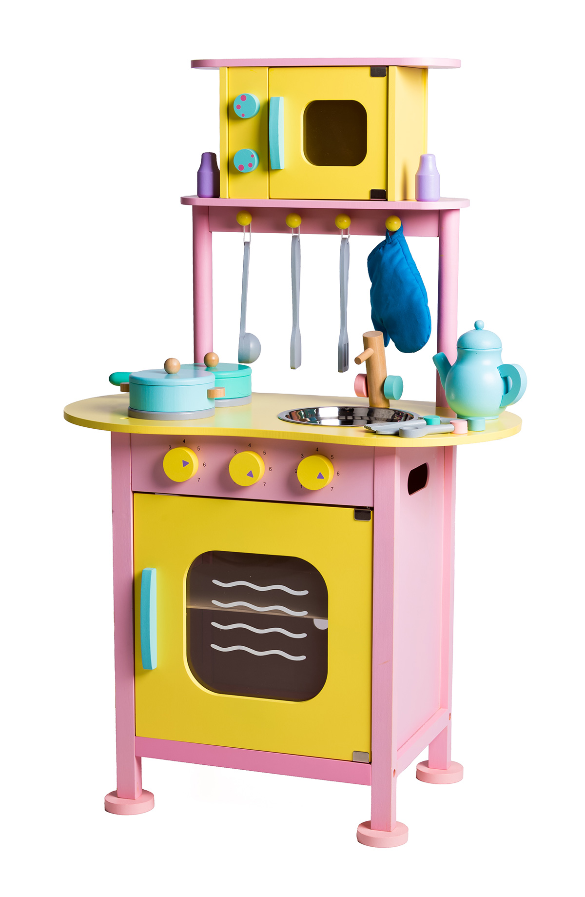 Wooden Play Kitchen complete with 14 kitchen utensils and play food accessories