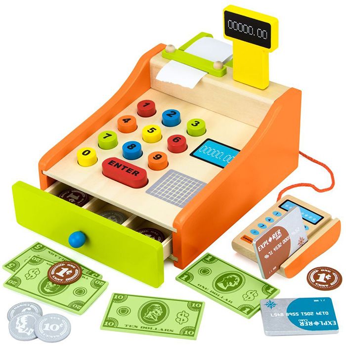 toy till Childrens cash register with card machine cards and money 