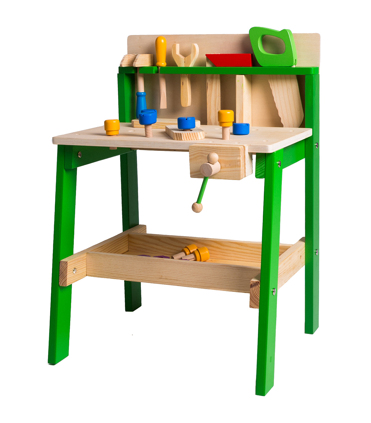Two-tier solid wooden tool bench complete with 17 accessories